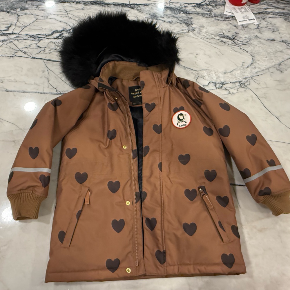 Mini Rodini Brown Heart Jacket with Black faux Fur Trim size8/9